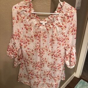 Charter Club Floral Blouse in White and Red 100% Linen